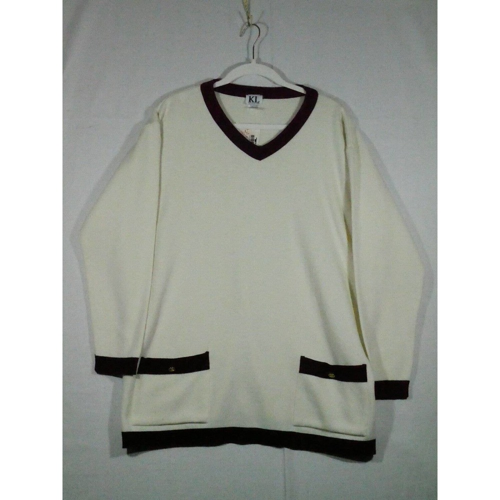 Vtg KL Collection Pullover Cream Acrylic Sweater Stretch Knit NOS Pockets NWT